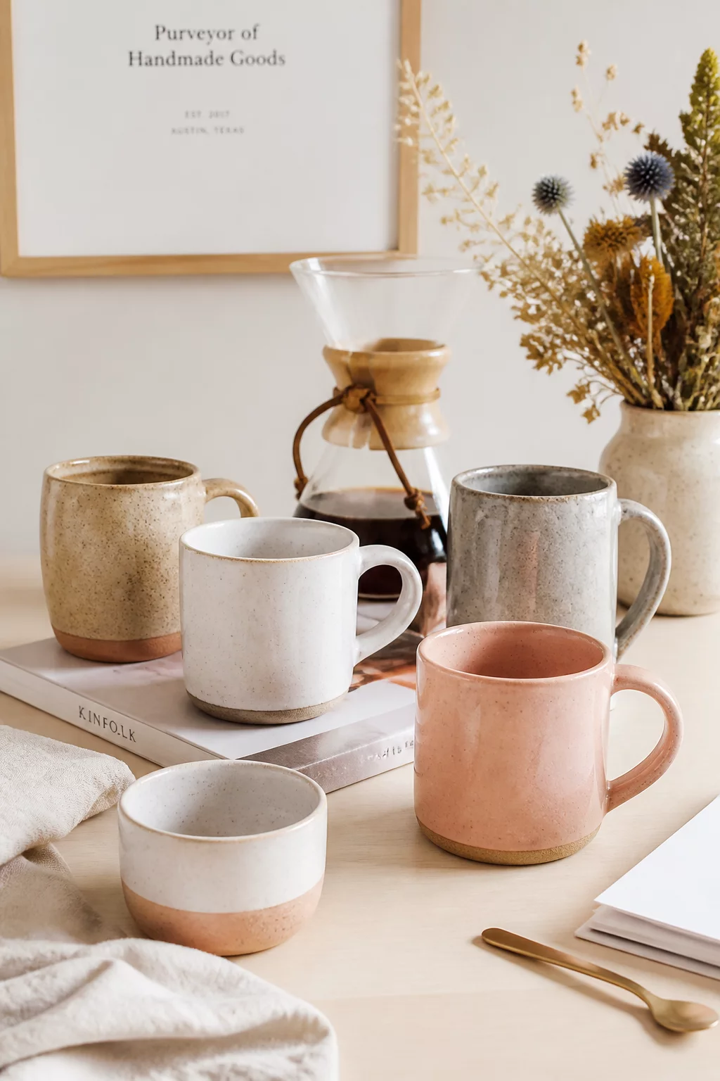Artisan Ceramic Mugs and Coffee Setup